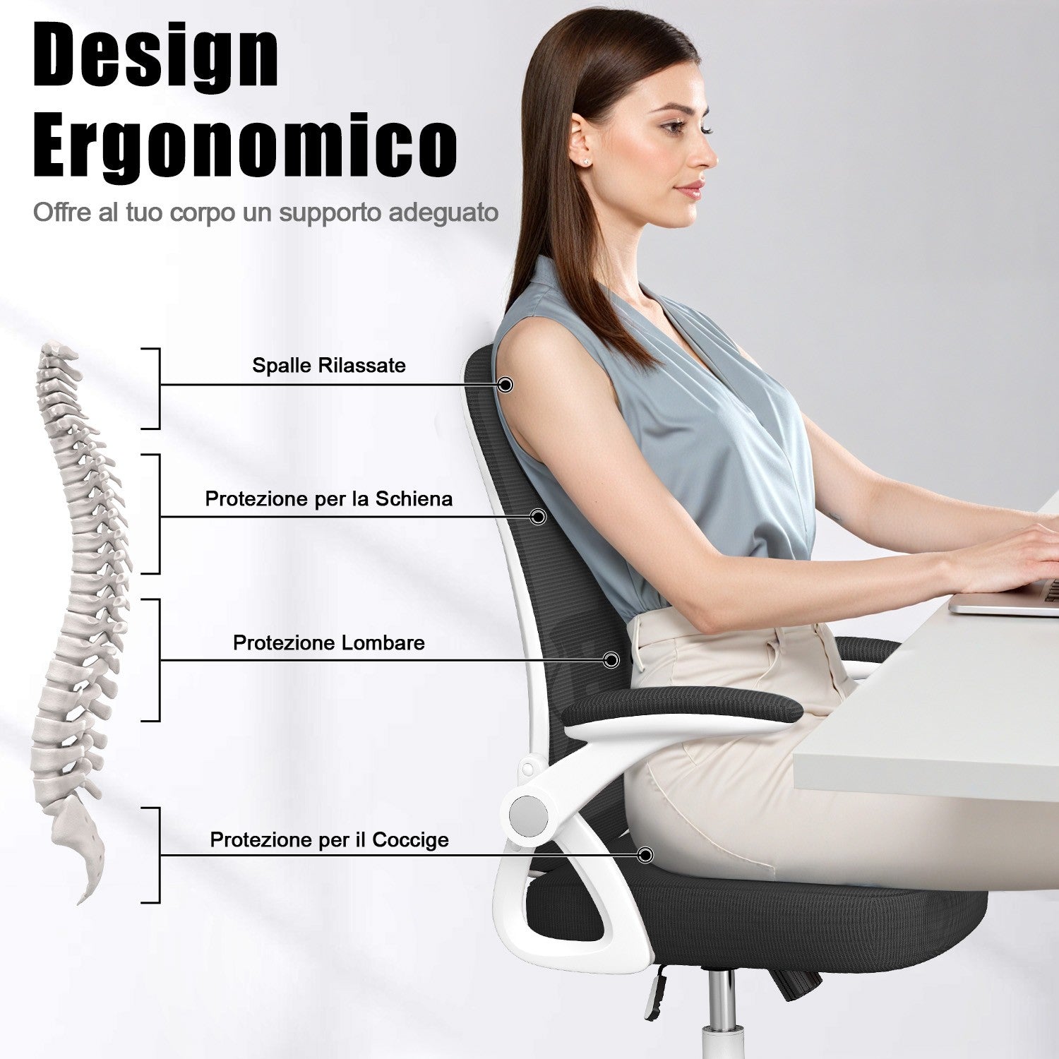 Sedia da Ufficio Sedia da Scrivania Ergonomica con Bracciolo Ribaltabile a 90°, Sedia da Scrivania per Ufficio Regolabile in Altezza