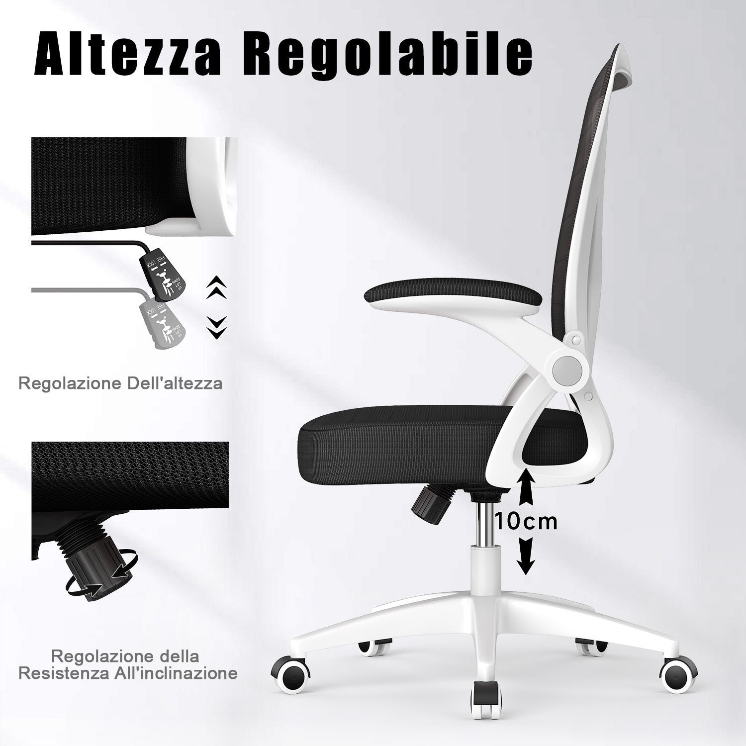 Sedia da Ufficio Sedia da Scrivania Ergonomica con Bracciolo Ribaltabile a 90°, Sedia da Scrivania per Ufficio Regolabile in Altezza