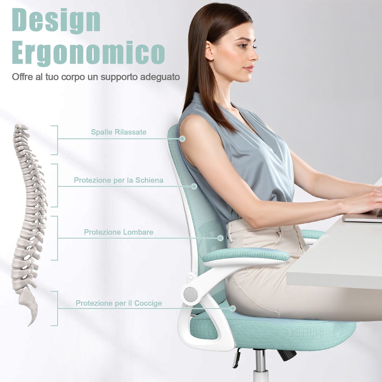 Sedia da Ufficio Sedia da Scrivania Ergonomica con Bracciolo Ribaltabile a 90°, Sedia da Scrivania per Ufficio Regolabile in Altezza