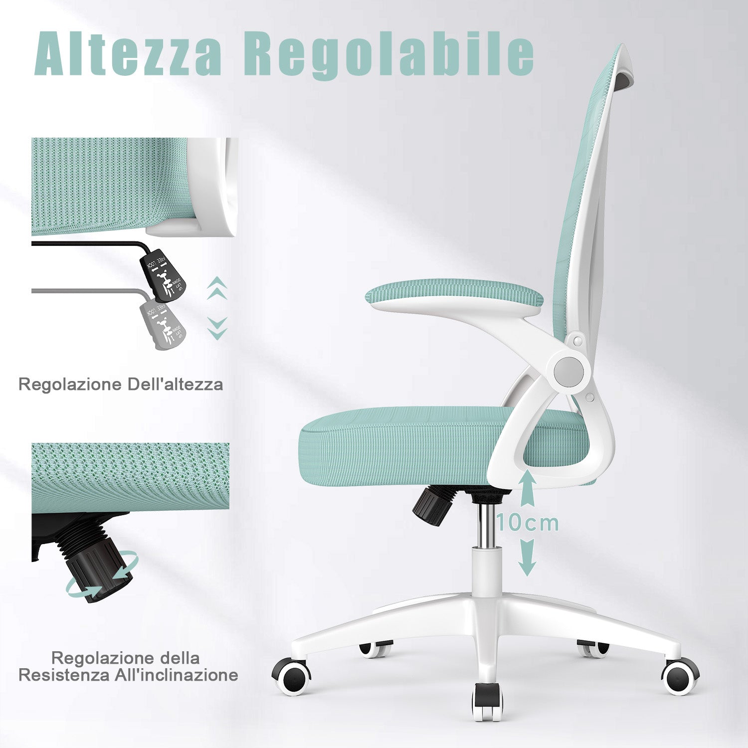 Sedia da Ufficio Sedia da Scrivania Ergonomica con Bracciolo Ribaltabile a 90°, Sedia da Scrivania per Ufficio Regolabile in Altezza