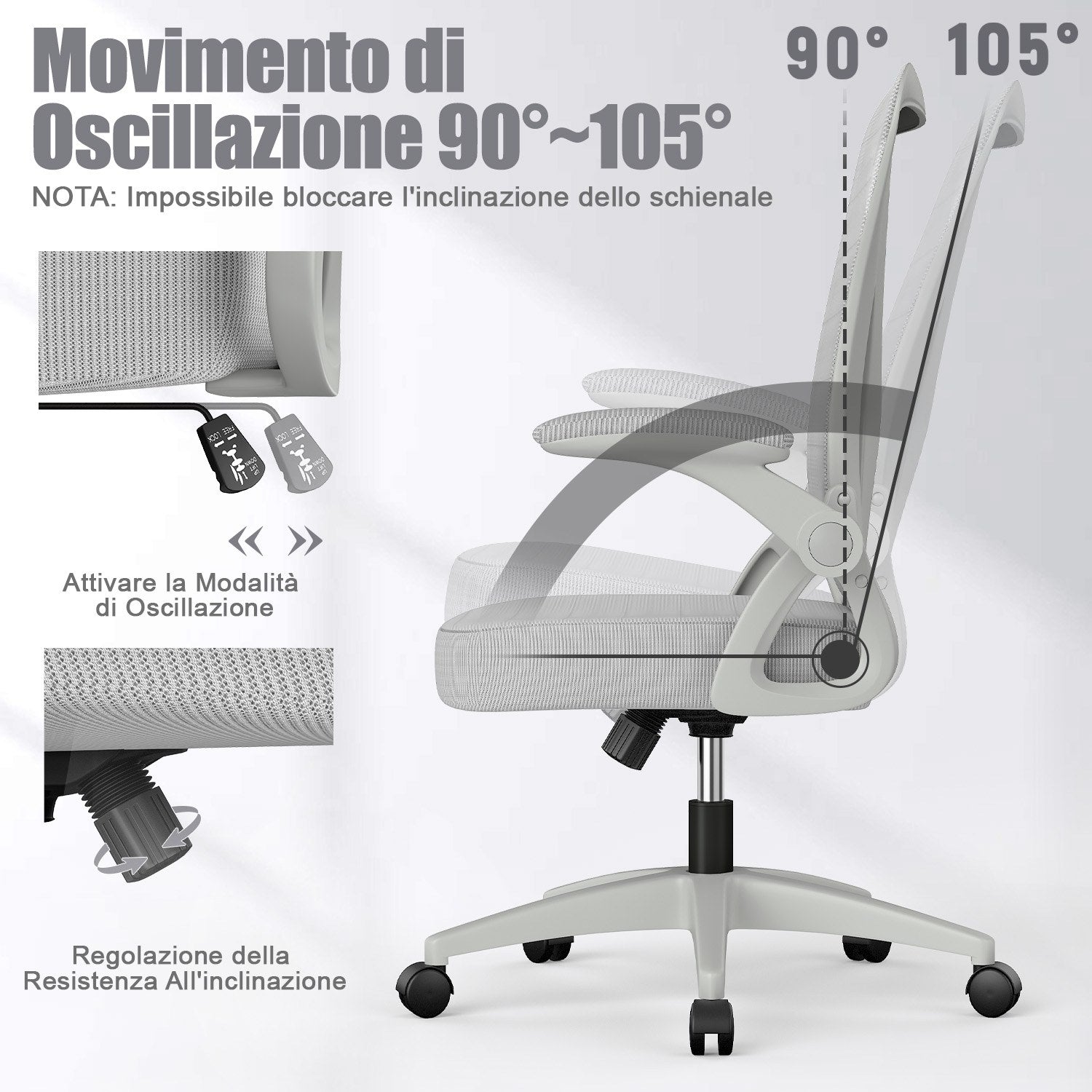 Sedia da Ufficio Sedia da Scrivania Ergonomica con Bracciolo Ribaltabile a 90°, Sedia da Scrivania per Ufficio Regolabile in Altezza