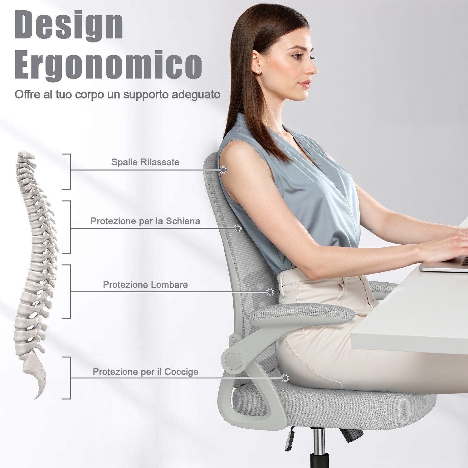 Sedia da Ufficio Sedia da Scrivania Ergonomica con Bracciolo Ribaltabile a 90°, Sedia da Scrivania per Ufficio Regolabile in Altezza