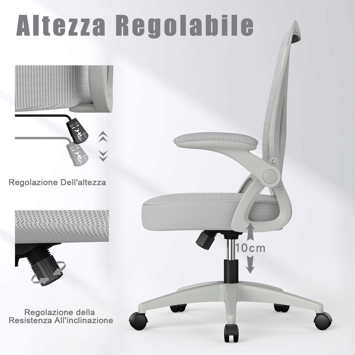 Sedia da Ufficio Sedia da Scrivania Ergonomica con Bracciolo Ribaltabile a 90°, Sedia da Scrivania per Ufficio Regolabile in Altezza