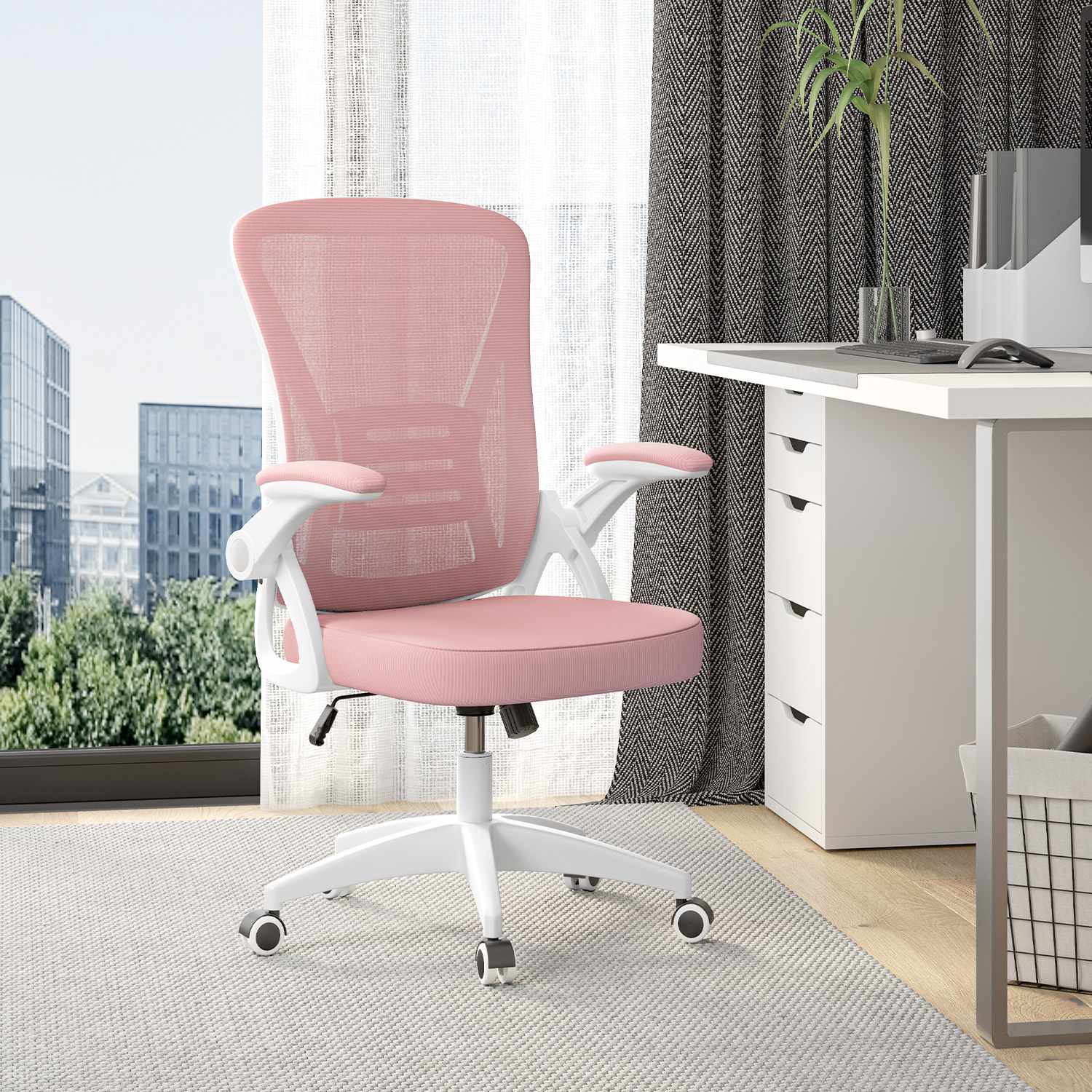 Sedia da Ufficio Sedia da Scrivania Ergonomica con Bracciolo Ribaltabile a 90°, Sedia da Scrivania per Ufficio Regolabile in Altezza