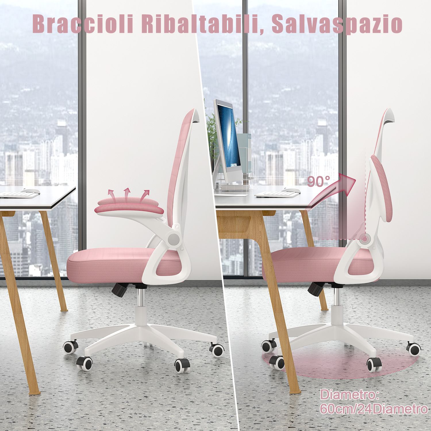Sedia da Ufficio Sedia da Scrivania Ergonomica con Bracciolo Ribaltabile a 90°, Sedia da Scrivania per Ufficio Regolabile in Altezza