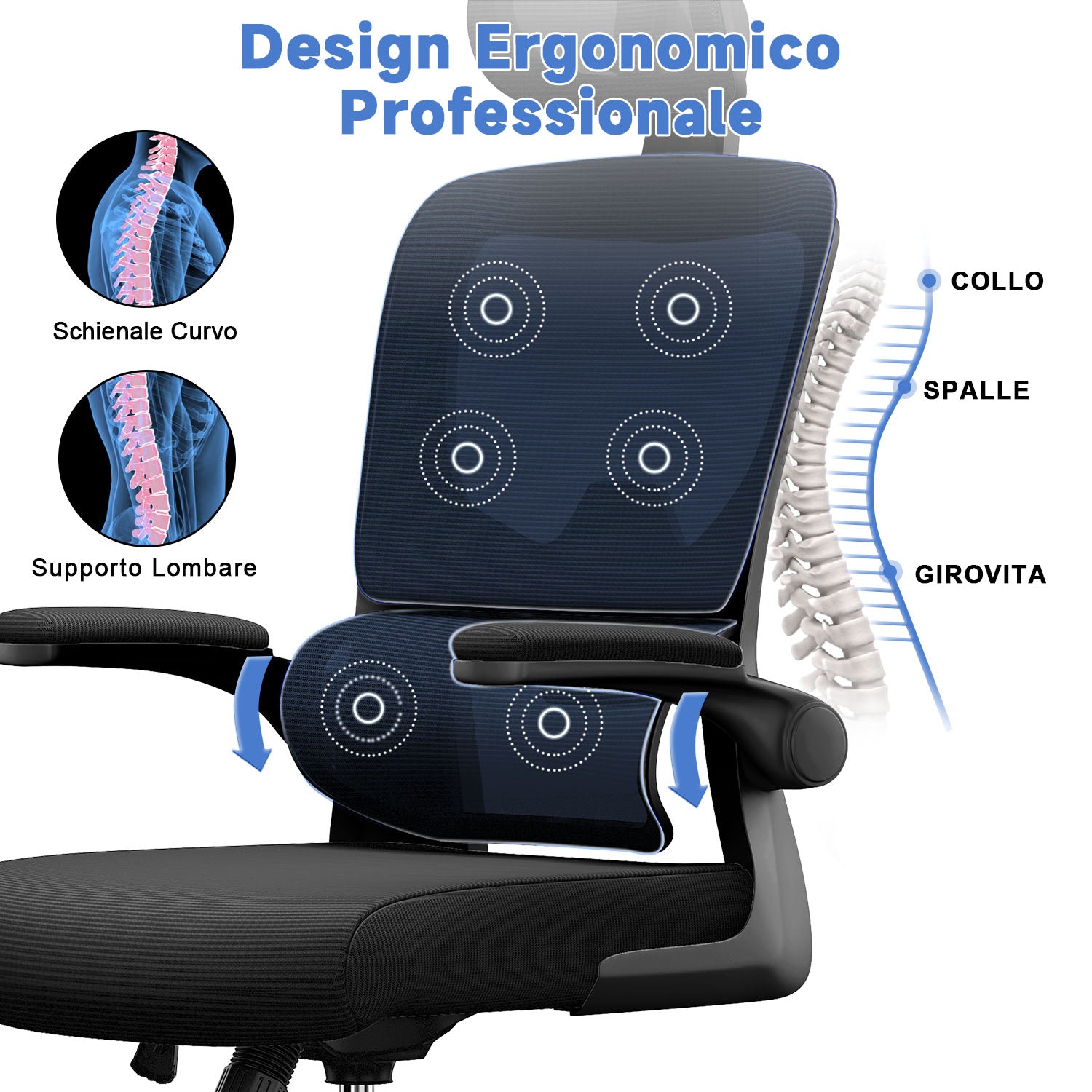 Sedia da Ufficio, Sedia Ufficio Ergonomica con Braccioli Regolabili in Rete Traspirante, Altezza Regolabile e Schienale Inclinabile con Ruote Girevoli