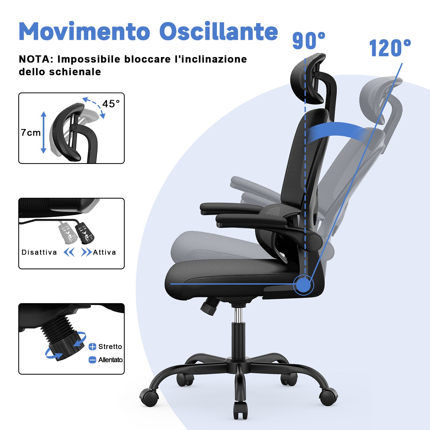 Sedia da Ufficio, Sedia Ufficio Ergonomica con Braccioli Regolabili in Rete Traspirante, Altezza Regolabile e Schienale Inclinabile con Ruote Girevoli