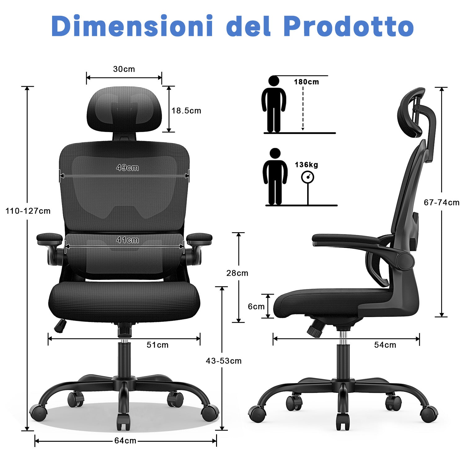 Sedia da Ufficio, Sedia Ufficio Ergonomica con Braccioli Regolabili in Rete Traspirante, Altezza Regolabile e Schienale Inclinabile con Ruote Girevoli