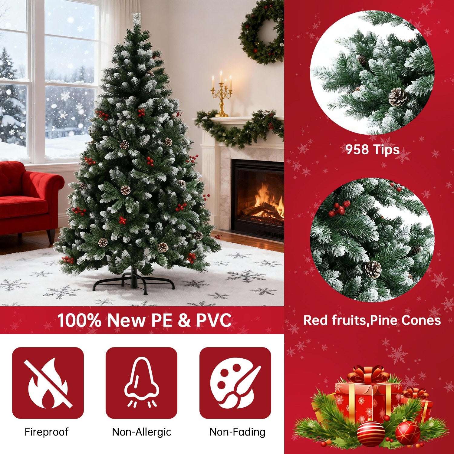 Albero di Natale Artificiale, Albero Pieghevole Floccato con Supporto in Metallo