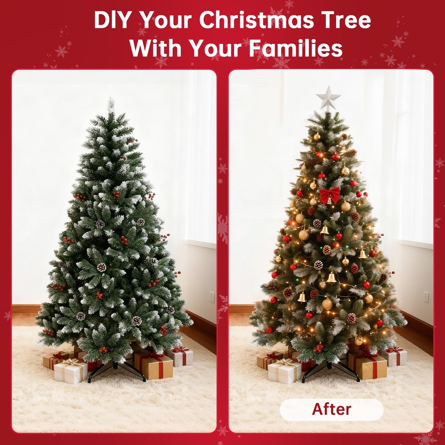 Albero di Natale Artificiale, Albero Pieghevole Floccato con Supporto in Metallo