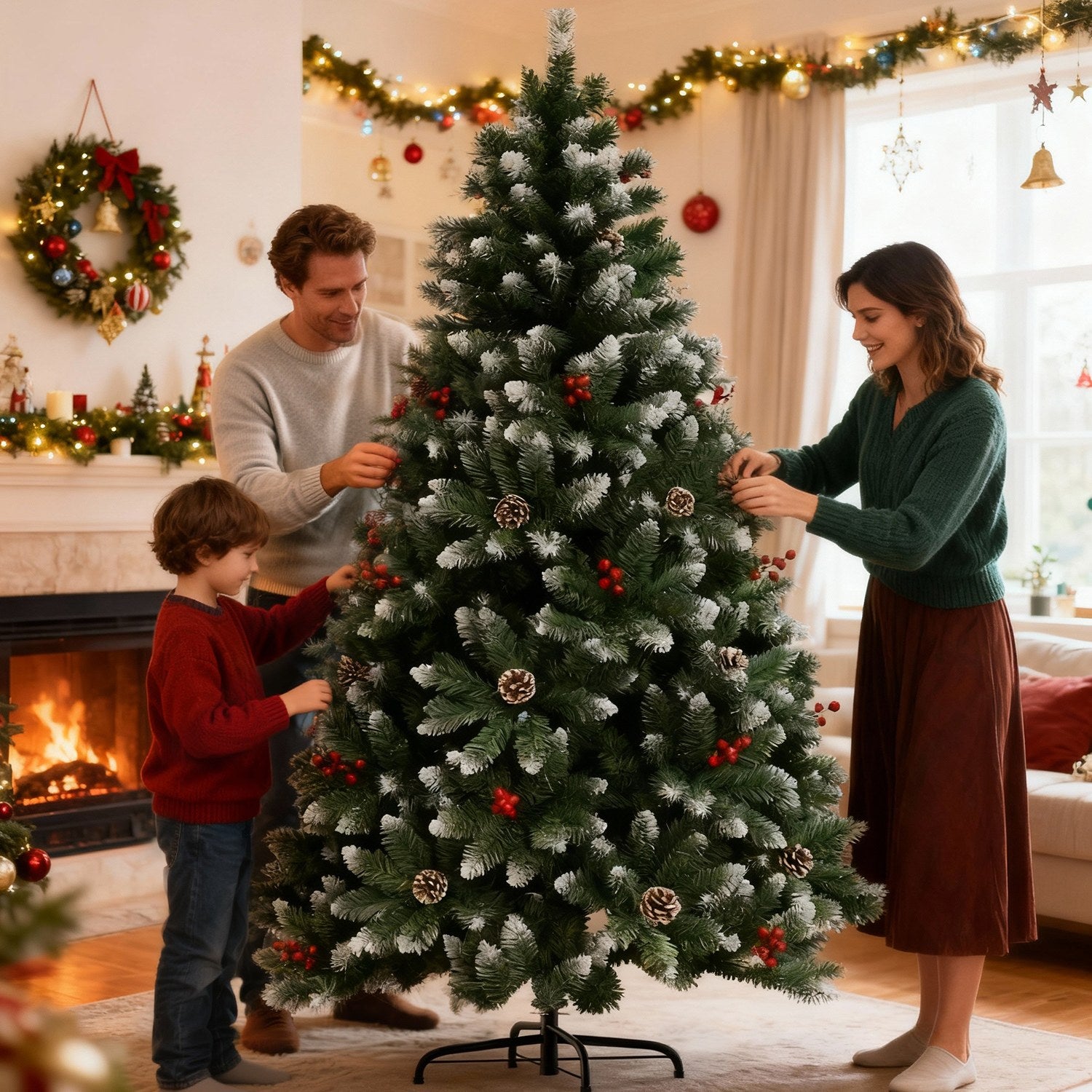 Albero di Natale Artificiale, Albero Pieghevole Floccato con Supporto in Metallo