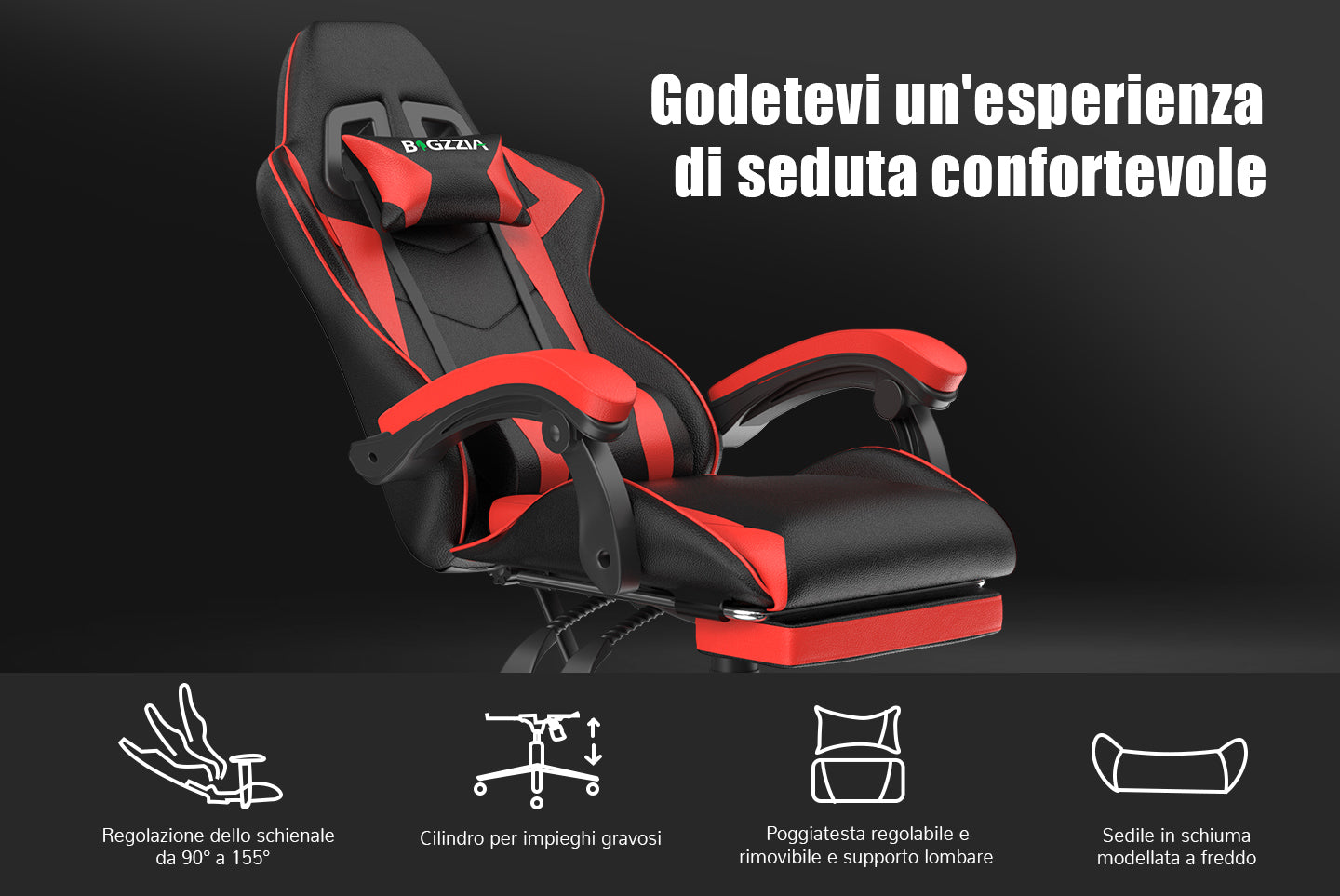Sedia da gioco ergonomica 155° reclinabile e girevole con poggiatesta, supporto lombare Sedia da ufficio in pelle PU