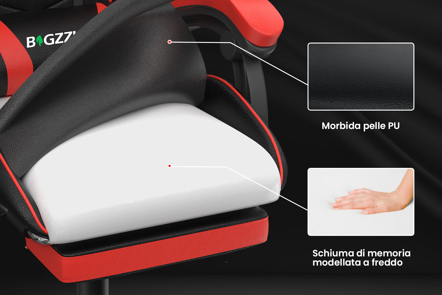 Sedia da gioco ergonomica 155° reclinabile e girevole con poggiatesta, supporto lombare Sedia da ufficio in pelle PU