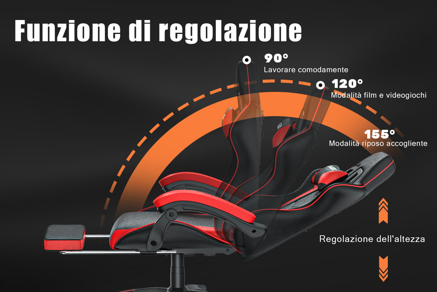 Sedia da gioco ergonomica 155° reclinabile e girevole con poggiatesta, supporto lombare Sedia da ufficio in pelle PU