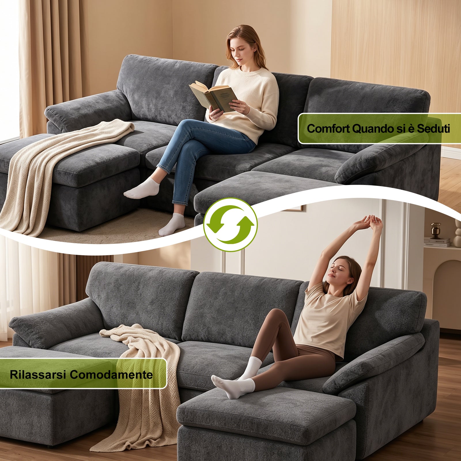 5 Posti Divano Componibile a U, Divano Modulare Comodo, Divano Senza Struttura, Combinazioni Libere