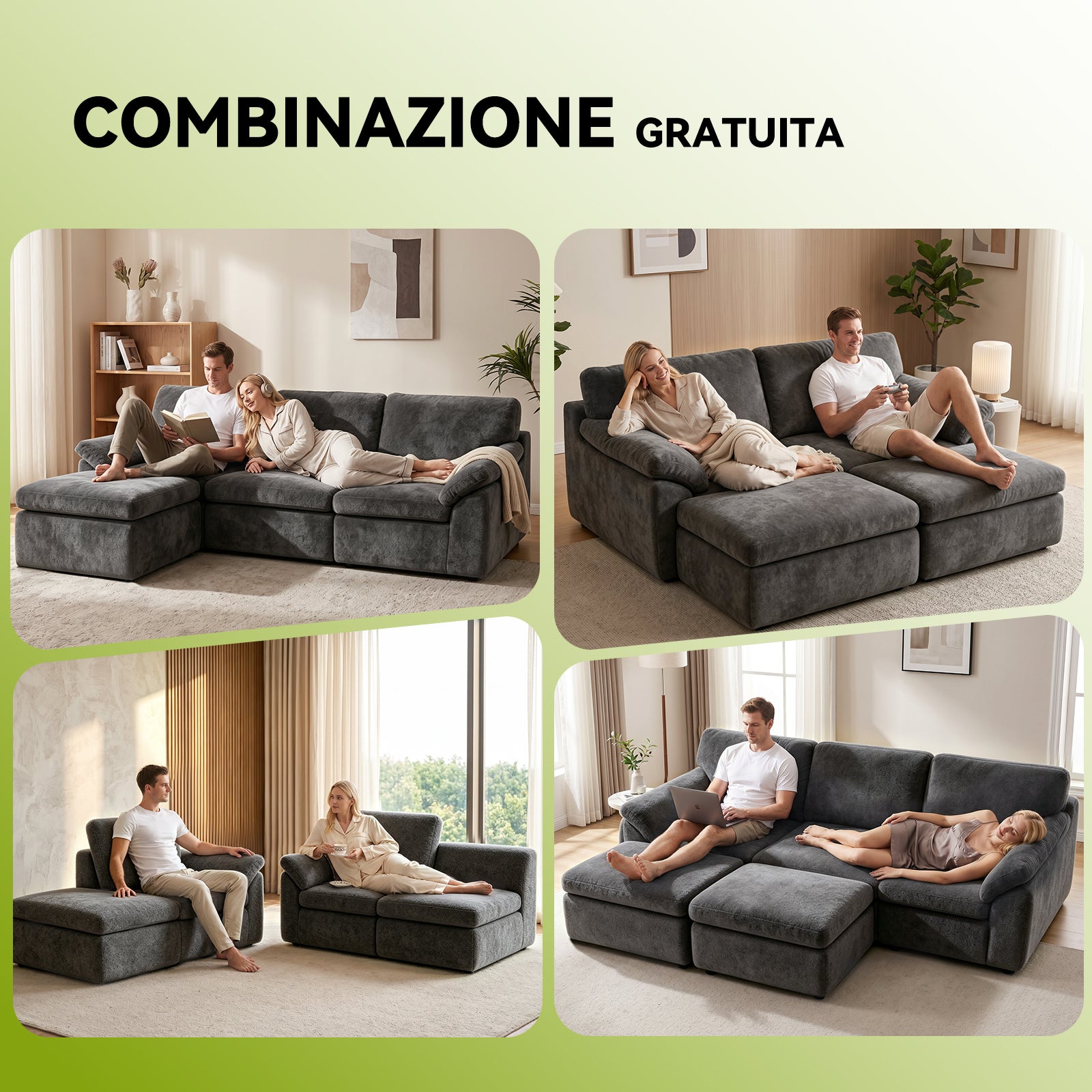 5 Posti Divano Componibile a U, Divano Modulare Comodo, Divano Senza Struttura, Combinazioni Libere