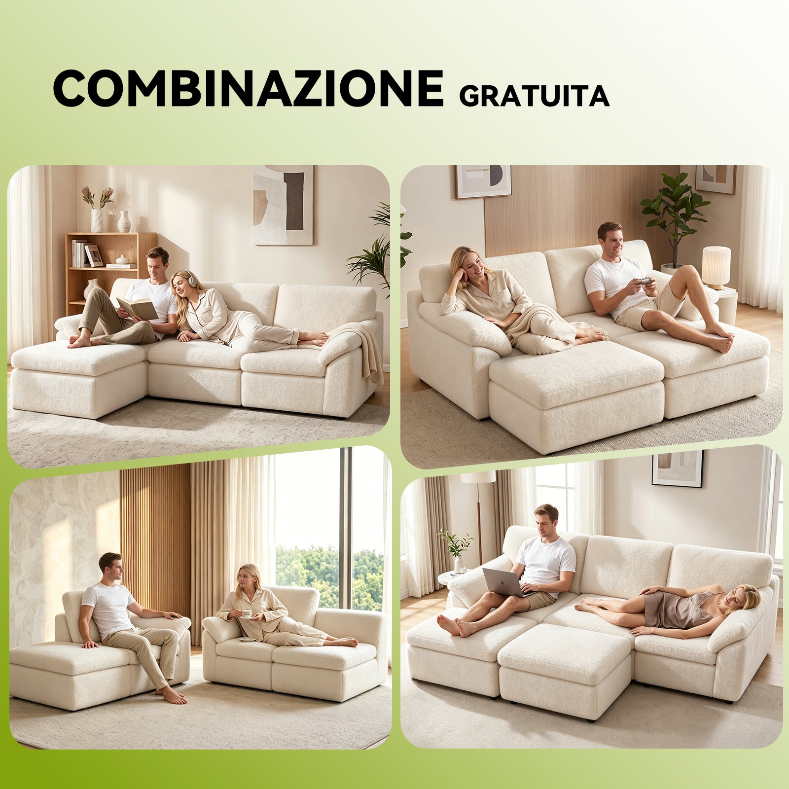 5 Posti Divano Componibile a U, Divano Modulare Comodo, Divano Senza Struttura, Combinazioni Libere