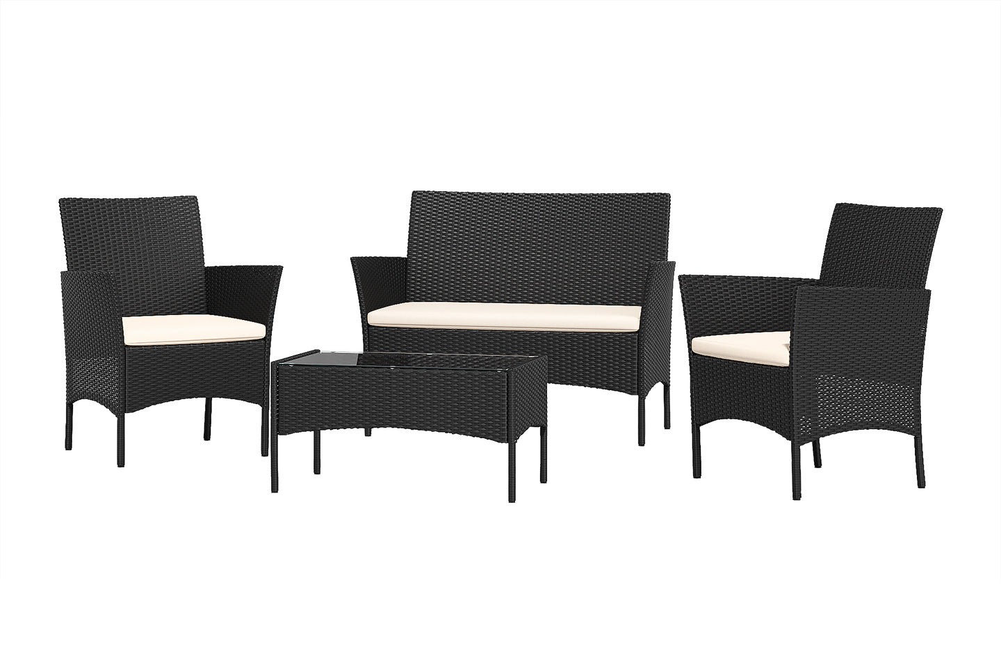 Set di mobili da giardino in rattan a 4 posti con 2 sedie singole, 1 divano doppio e 1 tavolo